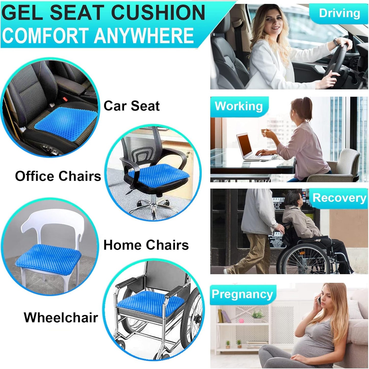 Gel Seat Cushion for Long Sitting - 1.65Inch Double Thick Cooling Egg Cushion for Back, Hip, Sciatica, Coccyx, Tailbone Pain Relief - Office Chair Car Seat Cushion – Wheelchair Cushions