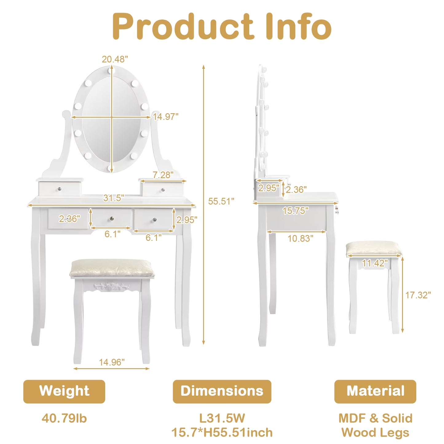 Vanity Table 10 LED Lights, 5 Drawers Makeup Dressing Desk with Cushioned Stool Set,Bedroom Vanities Set White