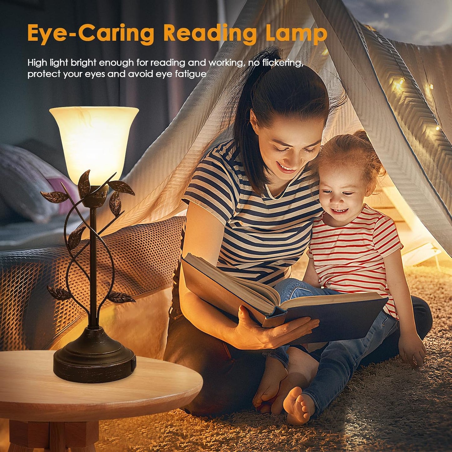 Bedside Lamps for Bedrooms Set of 2 Table Lamps for Living Room 3 Way Dimmable with Dual USB Charging Ports for Touch Control with White Glass Shade and Retro Leaf Body, Bulbs Included