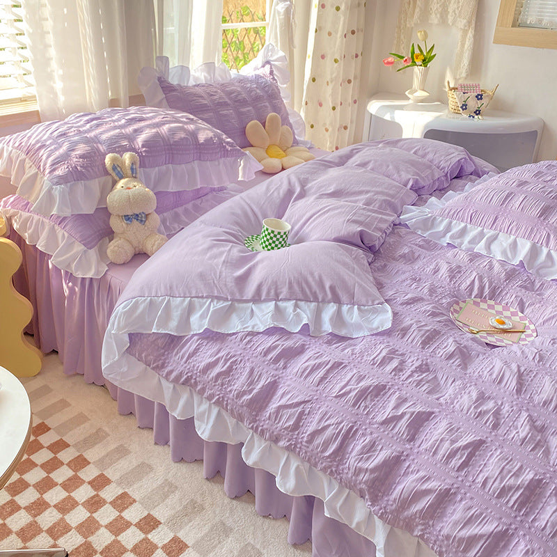 Dawn Aura 4-Piece Bedding Set - Sleep is your highest-yield biological asset. Shield your mind from digital exhaustion with this premium rose-hued quilt cover and bed skirt. Engineered for absolute cognitive recovery. Secure your sanctuary.