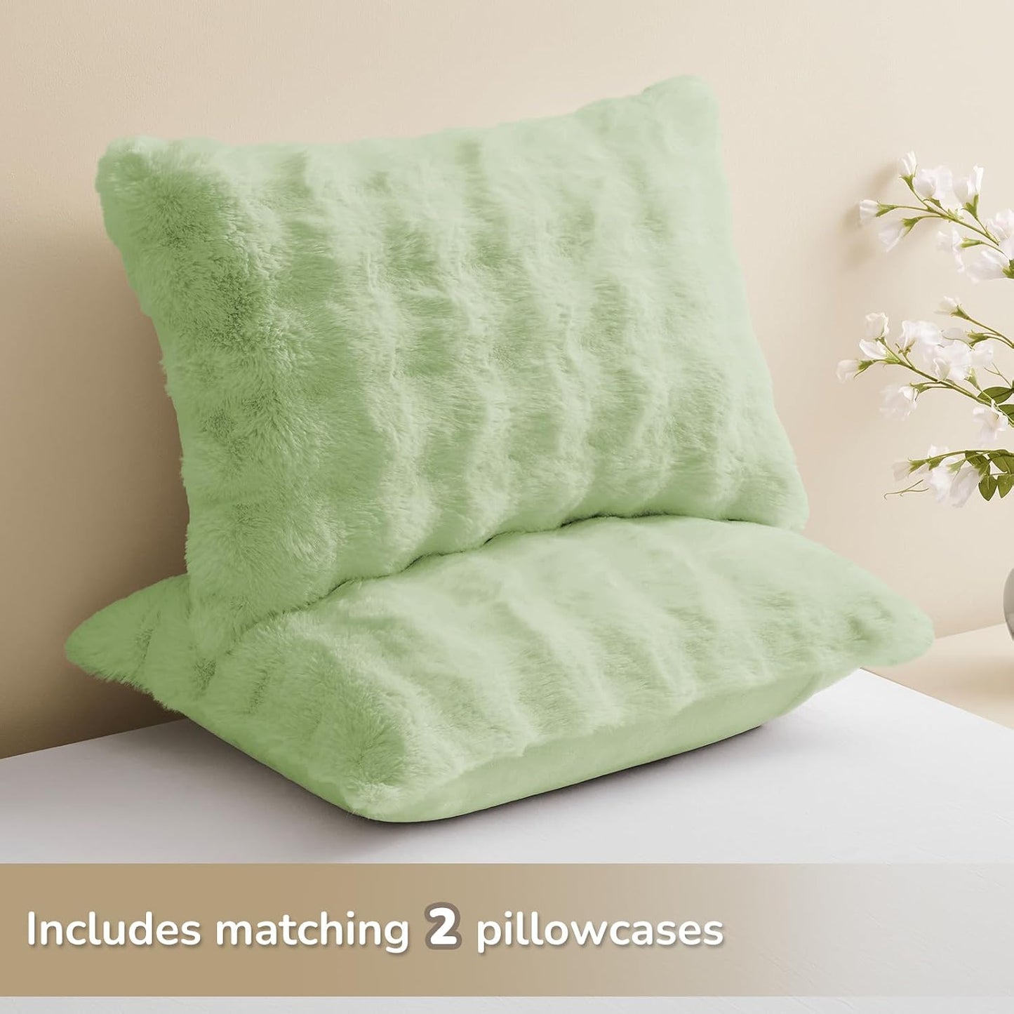 Queen Comforter Set, Fluffy Comforter Faux Fur Comforter Queen Set, Faux Rabbit Fur Winter Bedding Set with 2 Pillowcases, Light Green