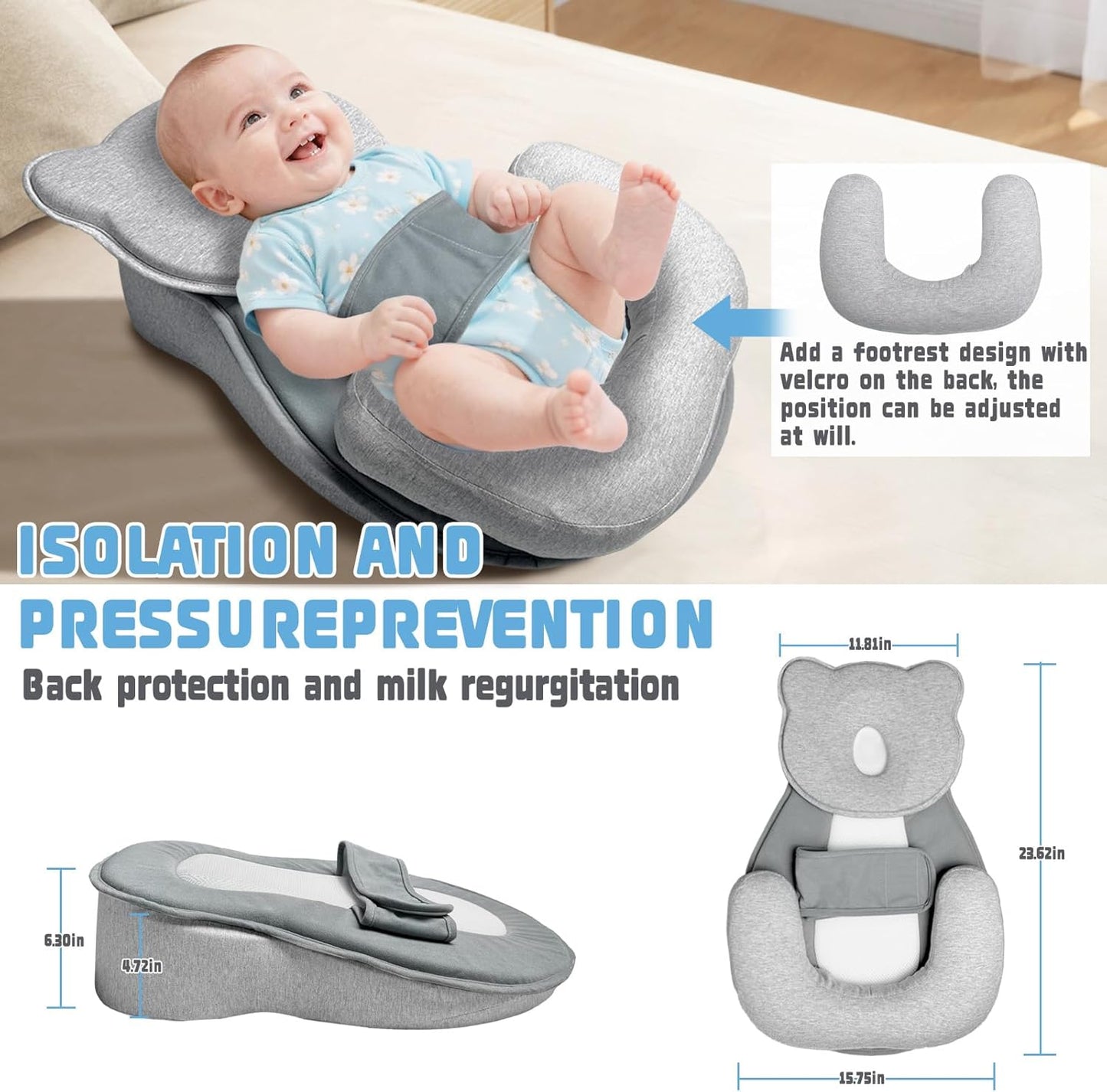 Reflux Pillow for Baby, Baby Lounger Pillow for Infant Support Cushion Reflux Breastfeeding Pillow, Babies Feeding Support Pillow for Reducing Spit-Up with Safety Strap