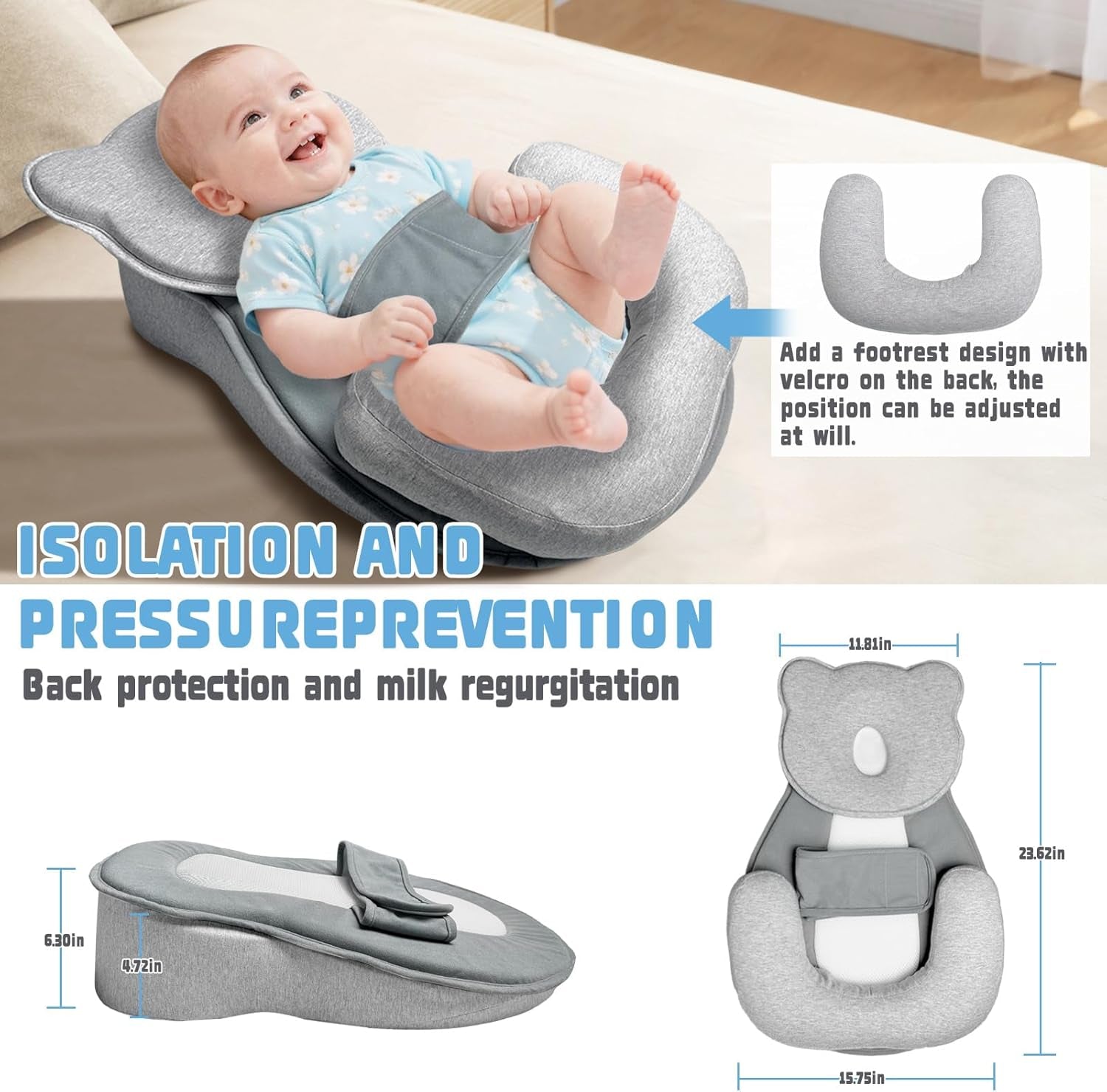 Reflux Pillow for Baby, Baby Lounger Pillow for Infant Support Cushion Reflux Breastfeeding Pillow, Babies Feeding Support Pillow for Reducing Spit-Up with Safety Strap