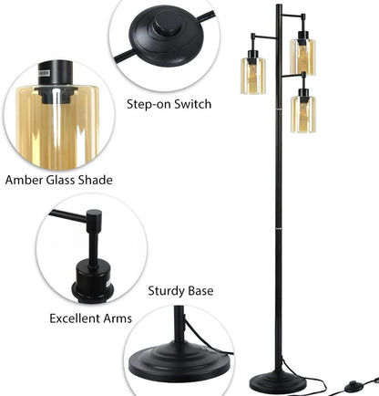Industrial Tree Floor Lamp for Living Room, Rustic Standing LED Lamp with 3 Elegant Amber Glass Shade, Retro Pole Tall Floor Light for Home, Bedroom, Office, Reading (E26 Base Bulbs Included)