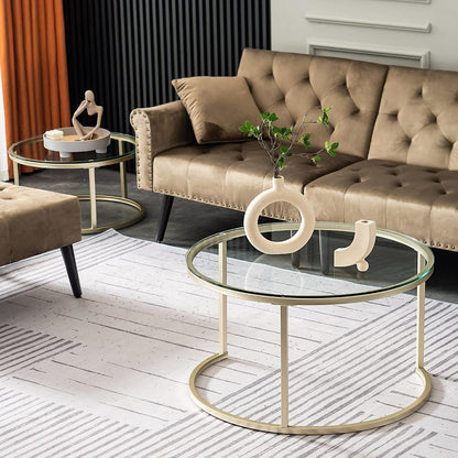 round Nesting Coffee Table Set, with 31.5 in Clear Tempered Glass Top and Gold Metal Legs, Accent Wooden Stacking Side Tea Table for Living Room Eagle