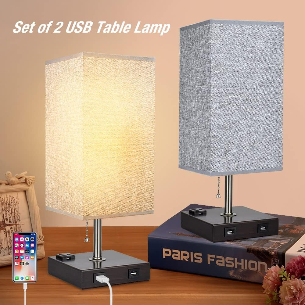USB Table Lamp for Bedroom, Minimalist Nightstand Table Lamp with Dual USB Ports, Bedside Desk Lamps with Grey Fabric Shade Side Lamps for Living Room, Office, Kids Room, Study (Set of 2)