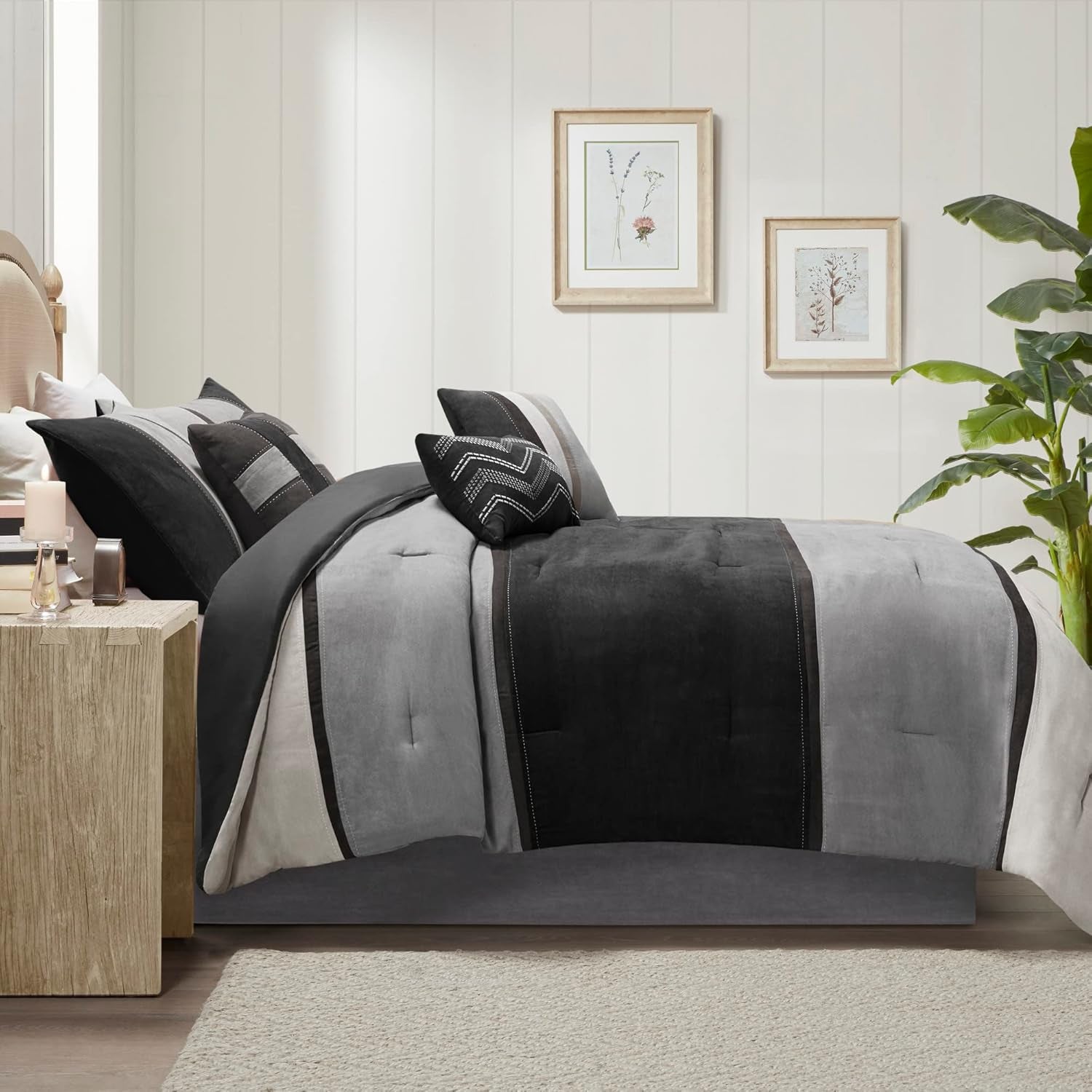 Palisades Comforter Set Modern Faux Suede Pieced Stripe Design, All Season down Alternative Cozy Bedding with Matching Shams, Decorative Pillows, Cal King(104"X92"), Black 7 Piece