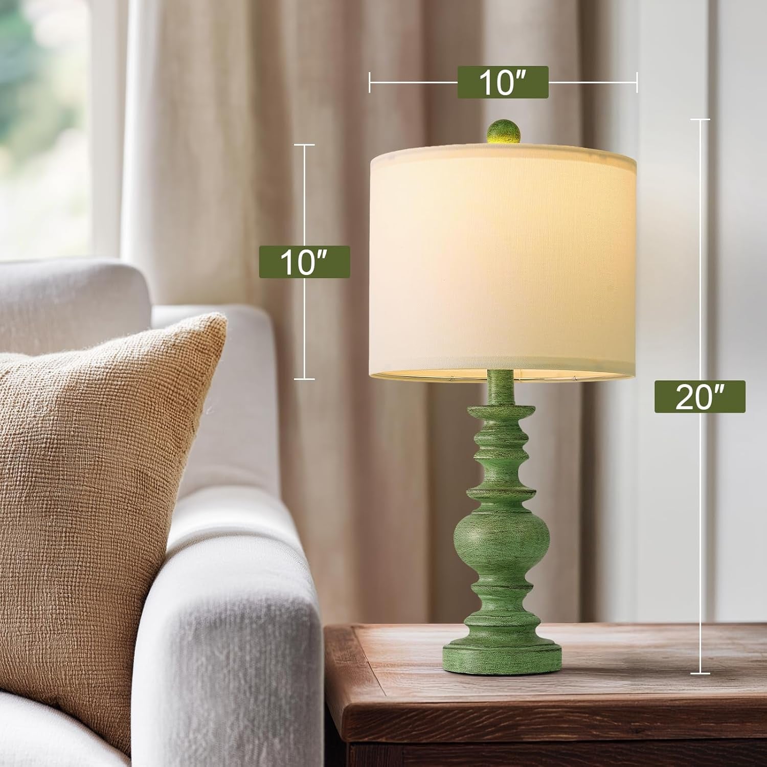 20" Sage Green Table Lamps Set of 2 – Farmhouse Resin Bedside Lamps with Linen Shades, Handcrafted Traditional Rustic Lamp for Bedroom, Living Room, or Corner – Ideal for Small Spaces