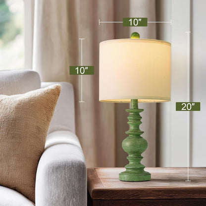 20" Sage Green Table Lamps Set of 2 – Farmhouse Resin Bedside Lamps with Linen Shades, Handcrafted Traditional Rustic Lamp for Bedroom, Living Room, or Corner – Ideal for Small Spaces