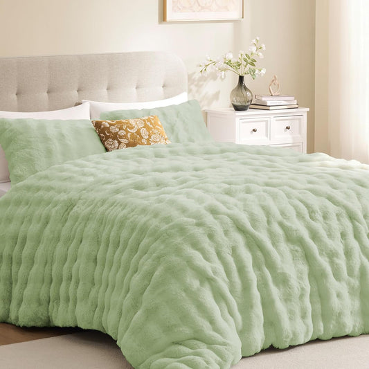 Queen Comforter Set, Fluffy Comforter Faux Fur Comforter Queen Set, Faux Rabbit Fur Winter Bedding Set with 2 Pillowcases, Light Green