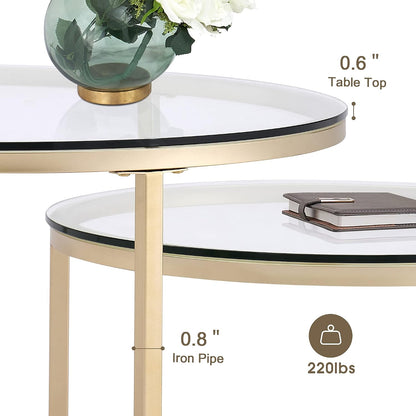 round Nesting Coffee Table Set, with 31.5 in Clear Tempered Glass Top and Gold Metal Legs, Accent Wooden Stacking Side Tea Table for Living Room Eagle