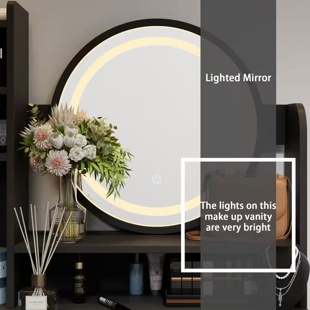 5-Drawers Black Wood Makeup Vanity Set Dressing Desk W/Stool, LED round Mirror and Storage Shelves