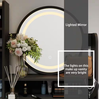 5-Drawers Black Wood Makeup Vanity Set Dressing Desk W/Stool, LED round Mirror and Storage Shelves
