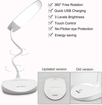 Flexible Desk Lamp Touch Dimmable Led Desk Lamp for Student Reading Bedside Night Light (Can Be Charged by Solar Panel or Android USB Cable or Power Bank) White-Single Lamp 2000Mah 5-15Hrs