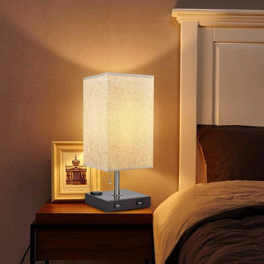 USB Table Lamp for Bedroom, Minimalist Nightstand Table Lamp with Dual USB Ports, Bedside Desk Lamps with Grey Fabric Shade Side Lamps for Living Room, Office, Kids Room, Study (Set of 2)
