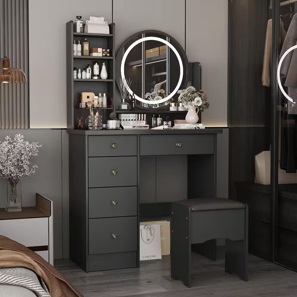 5-Drawers Black Wood Makeup Vanity Set Dressing Desk W/Stool, LED round Mirror and Storage Shelves