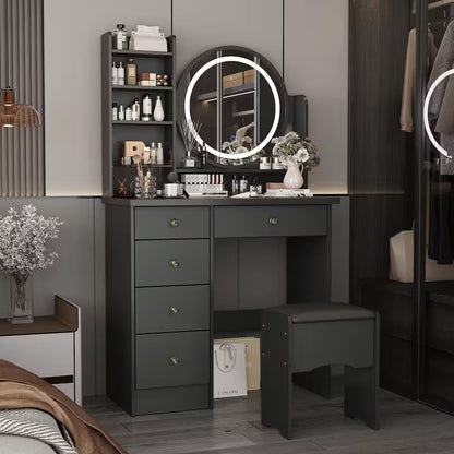 5-Drawers Black Wood Makeup Vanity Set Dressing Desk W/Stool, LED round Mirror and Storage Shelves