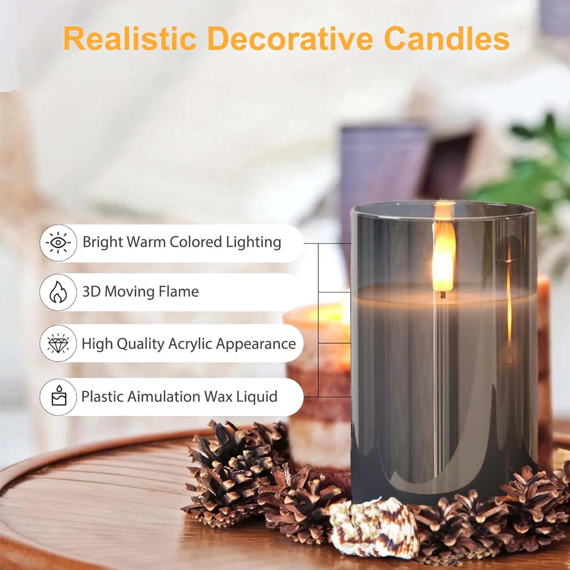 Flameless Candles Flickering with Remote and Timer,3D Wick Acrylic Electric Fake Candles, Battery Operated LED Pillar Candle-Gray 4''X5''X6''