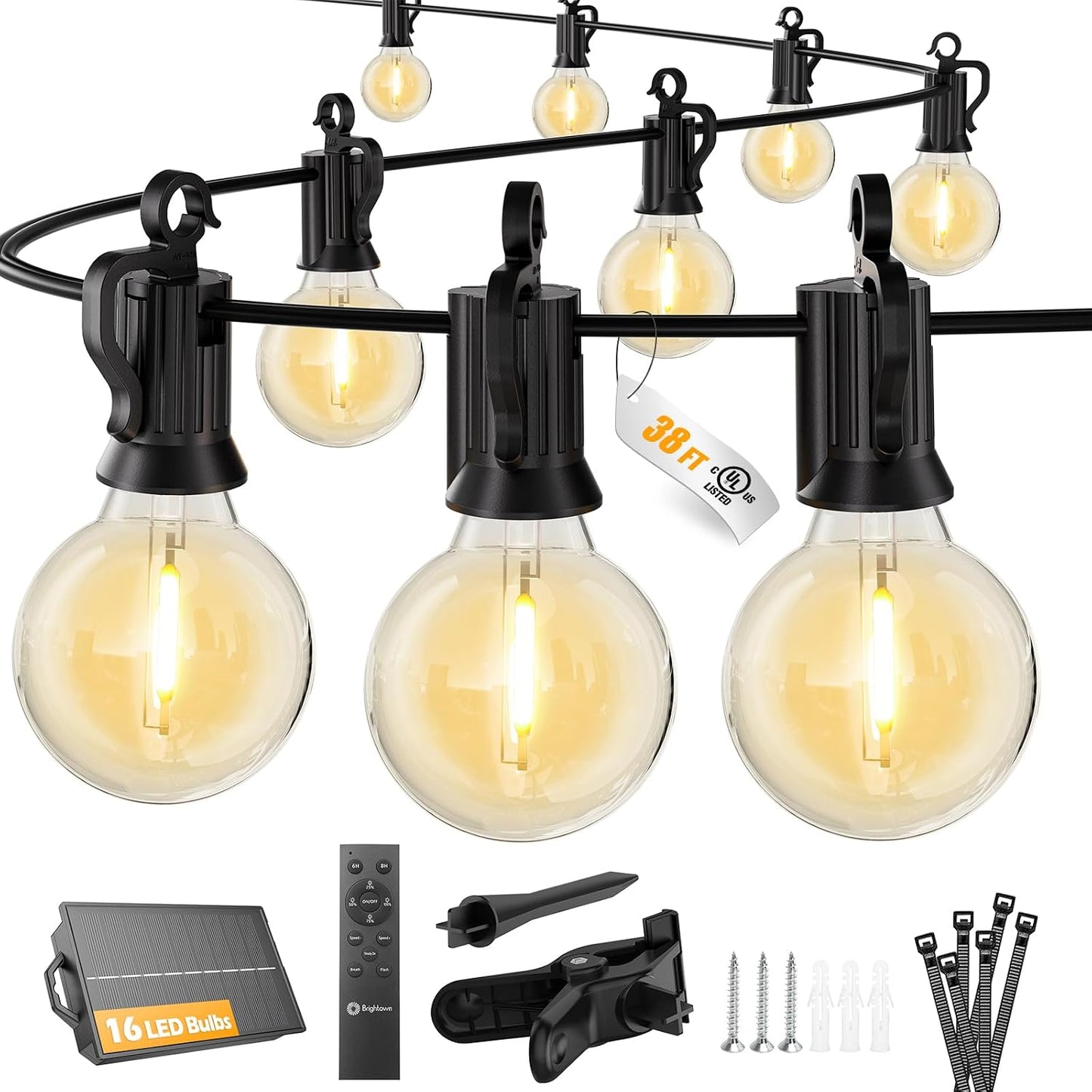 38FT 16LED Solar String Lights Outdoor with Remote & USB Port, Shatterproof Bulbs, Dimmable & Timable, 3 Modes, Patio Lights with Mount Clips for Backyard Garden Decor - Last for 36+Hrs