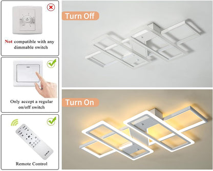 4-Square LED Flush Mount Ceiling Light, 80W Dimmable Remote, White | Modern Acrylic Flush Mount Light Fixture for Living Room, Bedroom, Dining Room & Kitchen. Remote Control Dimmable