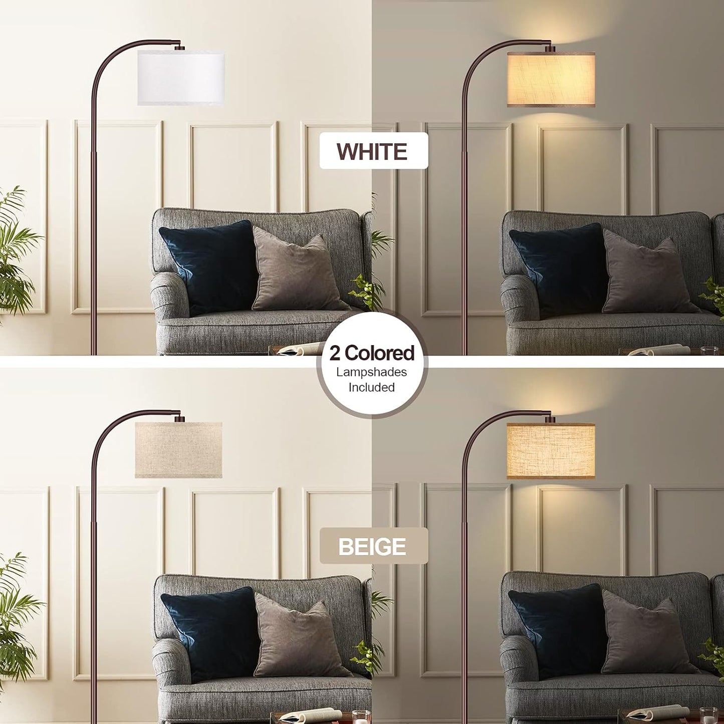 ROTTONEGGON Floor Lamp for Living Room, Oil-Rubbed Bronze LED Standing Lamp with 2 Lamp Shades (Beige/White), Tall Reading Lamp for Bedroom Study