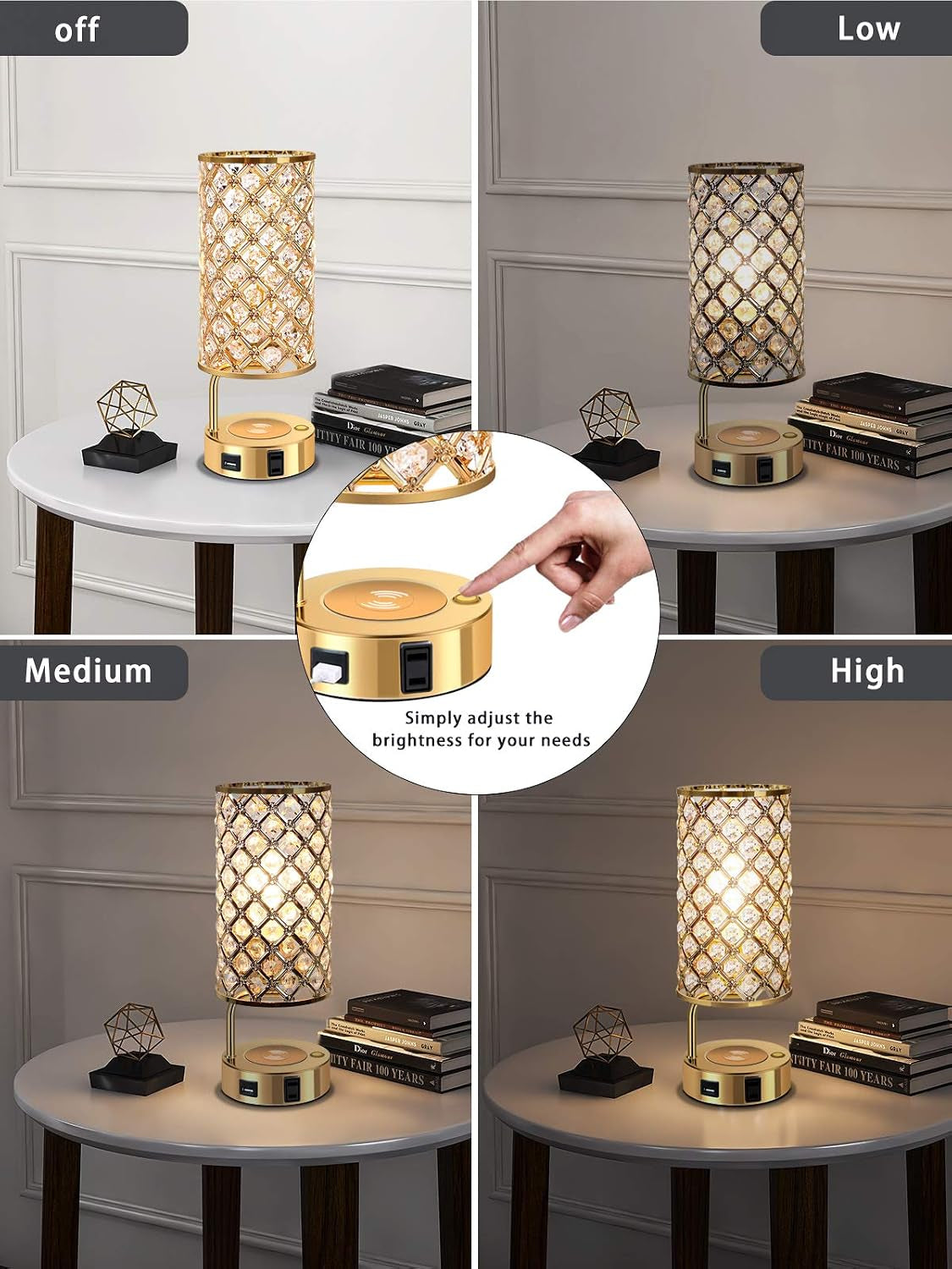 Touch Control Crystal Table Lamp, 3 Way Dimmable Wireless Charging Table Lamp, USB Bedside Light with Crystal Shade, Modern Nightstand Lamps for Bedroom Living Room (Bulb Included) (Gold)