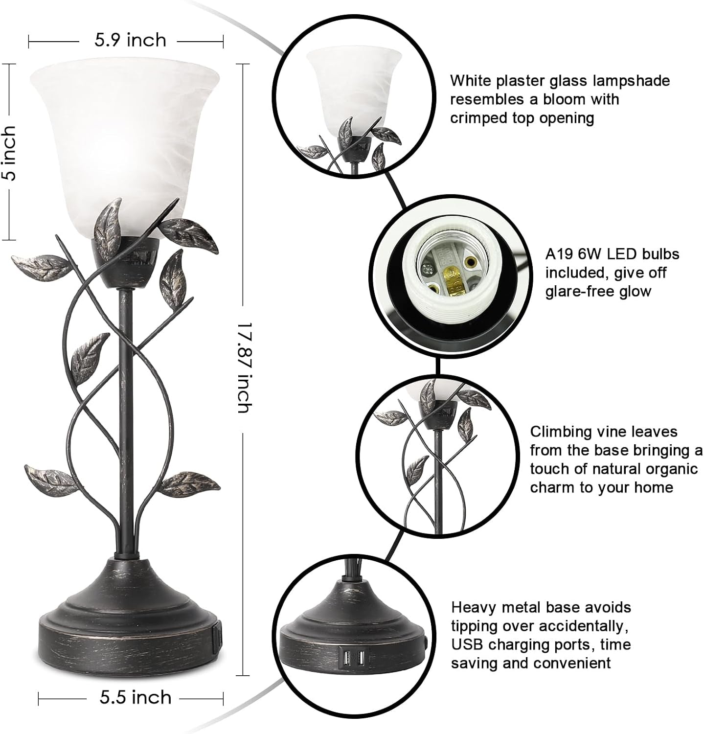Bedside Lamps for Bedrooms Set of 2 Table Lamps for Living Room 3 Way Dimmable with Dual USB Charging Ports for Touch Control with White Glass Shade and Retro Leaf Body, Bulbs Included