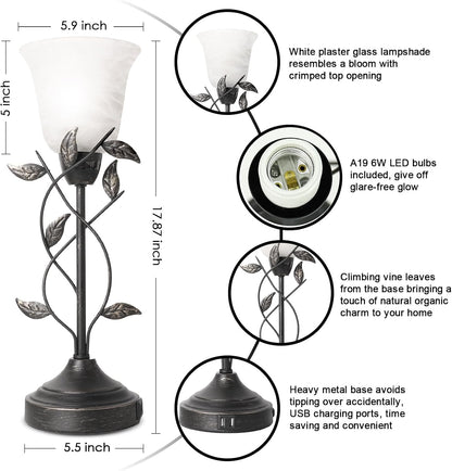 Bedside Lamps for Bedrooms Set of 2 Table Lamps for Living Room 3 Way Dimmable with Dual USB Charging Ports for Touch Control with White Glass Shade and Retro Leaf Body, Bulbs Included