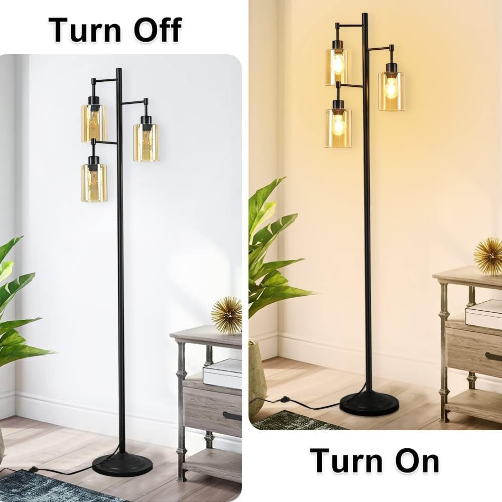 Industrial Tree Floor Lamp for Living Room, Rustic Standing LED Lamp with 3 Elegant Amber Glass Shade, Retro Pole Tall Floor Light for Home, Bedroom, Office, Reading (E26 Base Bulbs Included)