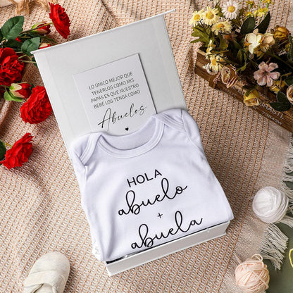 4 Pcs Pregnancy Announcement for Abuelos, Hola Abuelos Baby Bodysuit Pregnancy Reveal Card Baby Announcement Gift Box with Gifts Set