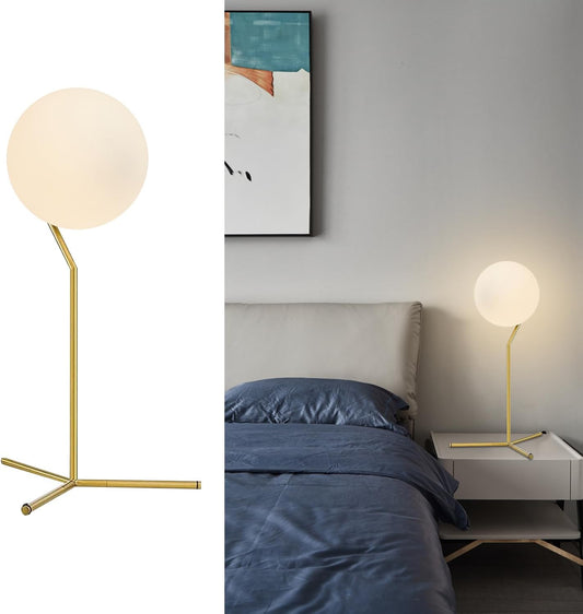Modern 1-Light Glass Globe Table Lamp Contemporary Minimalist Tall Bedside Desk Nightstand Lamp Vintage Brush Gold Metal Table Light Frosted White Glass Ball Reading Lamp