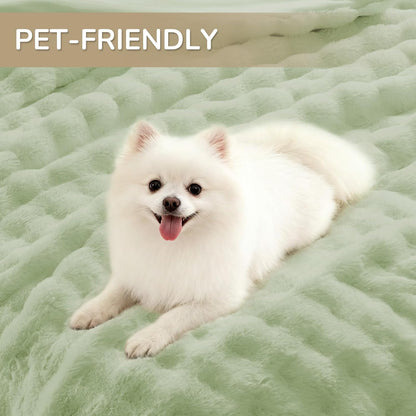 Queen Comforter Set, Fluffy Comforter Faux Fur Comforter Queen Set, Faux Rabbit Fur Winter Bedding Set with 2 Pillowcases, Light Green