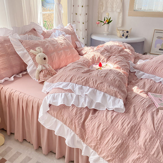 Dawn Aura 4-Piece Bedding Set - Sleep is your highest-yield biological asset. Shield your mind from digital exhaustion with this premium rose-hued quilt cover and bed skirt. Engineered for absolute cognitive recovery. Secure your sanctuary.