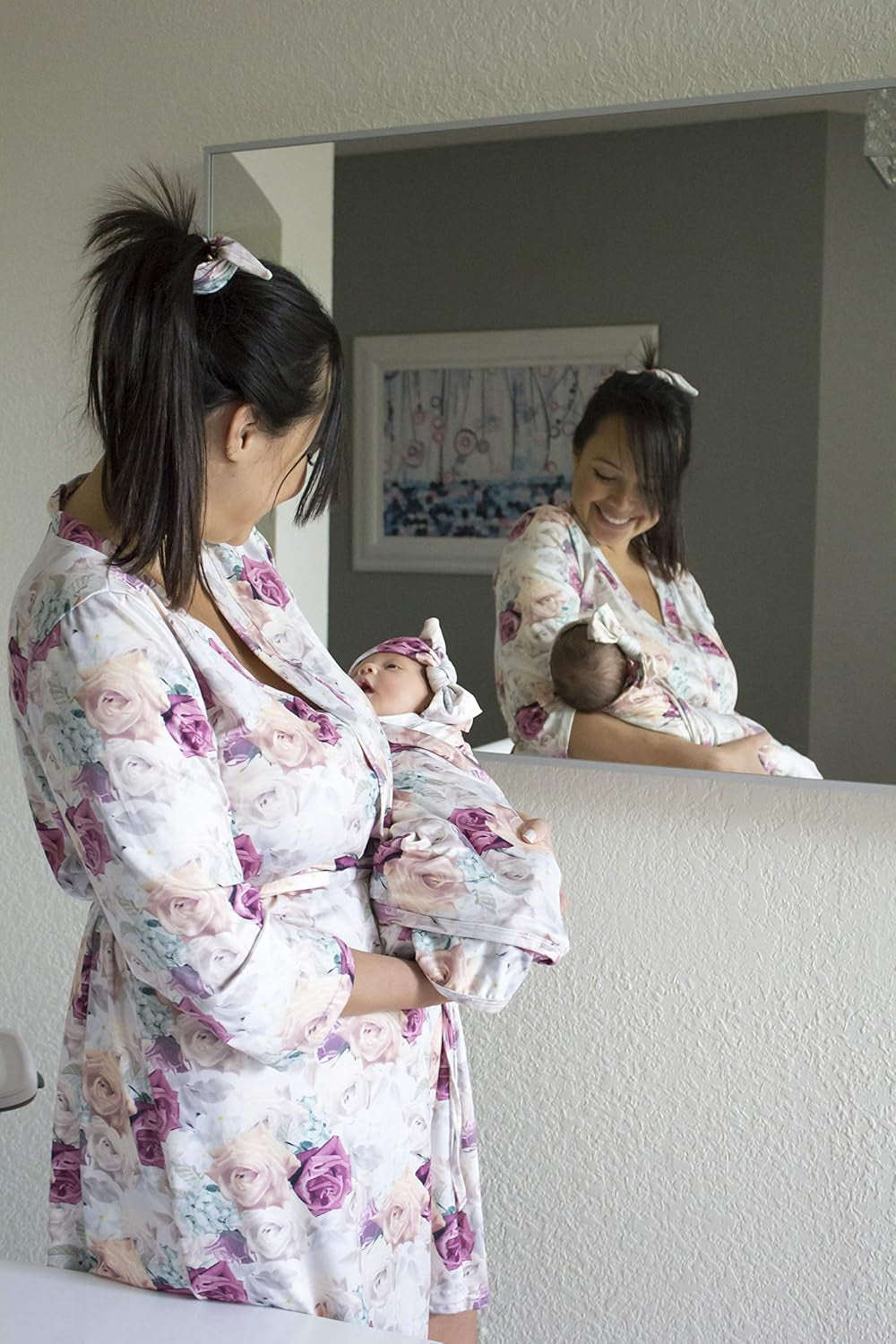 Maternity Robe and Baby Swaddle Blanket, Milk Silk Matching Delivery Robe and Swaddling Wrap for Mom and Baby