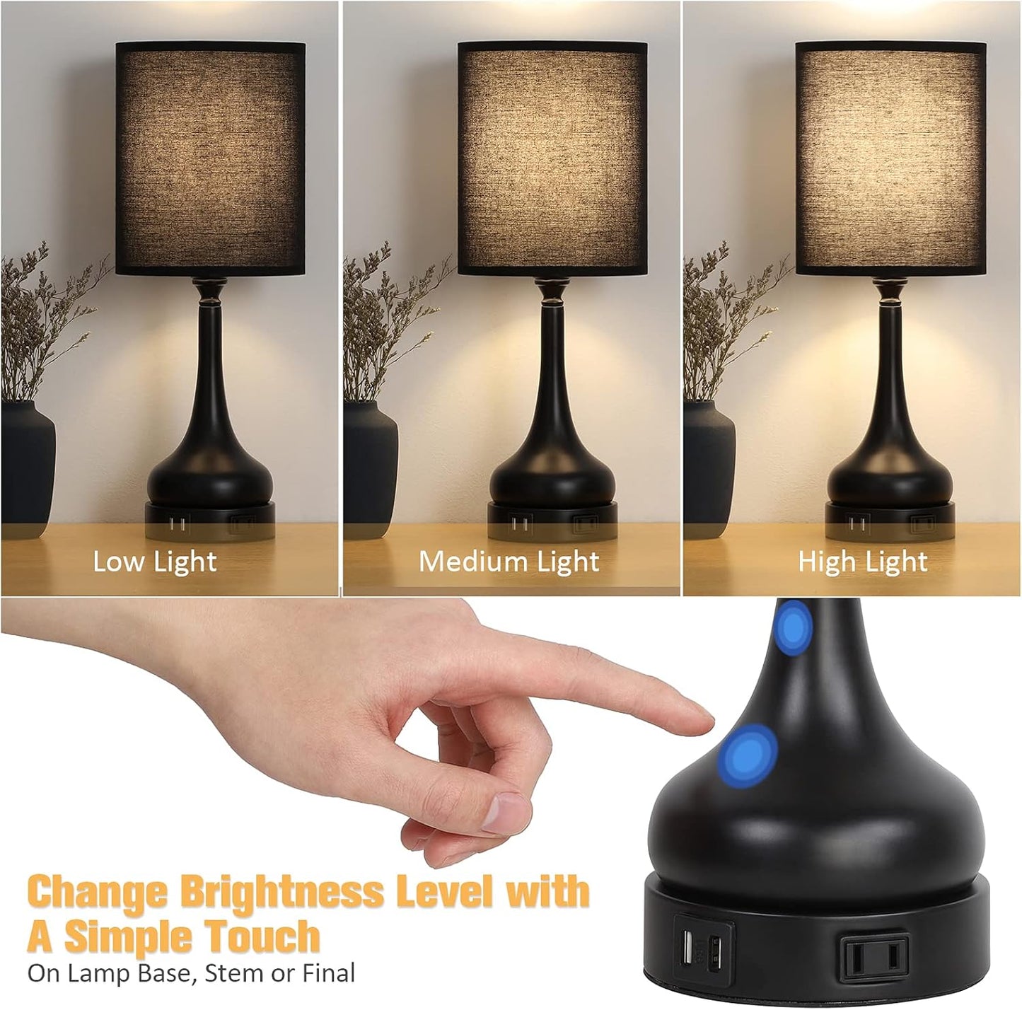 Set of 2 Bedside Lamps with 2 USB Ports and AC Outlet, Touch Control Table Lamps 3-Way Dimmable for Bedroom, Living Room, Kids Room, Dorm, Office (Led Bulbs Included)