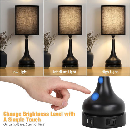 Set of 2 Bedside Lamps with 2 USB Ports and AC Outlet, Touch Control Table Lamps 3-Way Dimmable for Bedroom, Living Room, Kids Room, Dorm, Office (Led Bulbs Included)