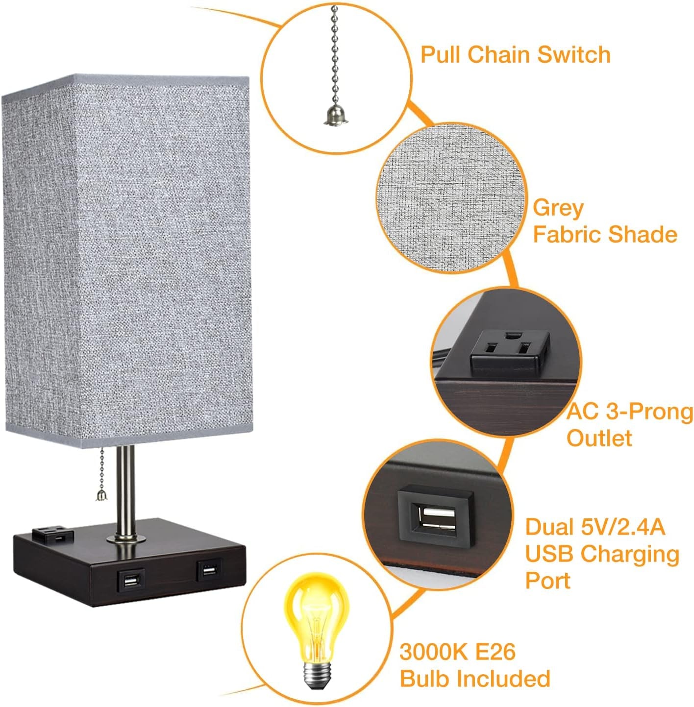 USB Table Lamp for Bedroom, Minimalist Nightstand Table Lamp with Dual USB Ports, Bedside Desk Lamps with Grey Fabric Shade Side Lamps for Living Room, Office, Kids Room, Study (Set of 2)