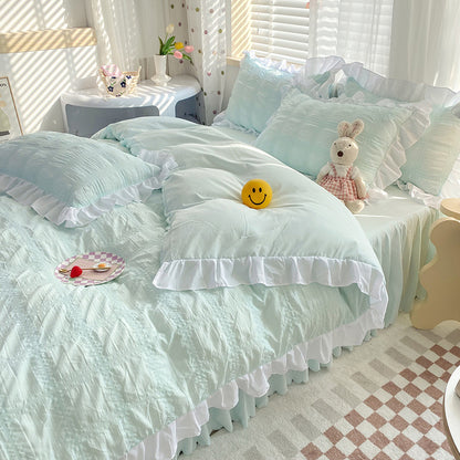 Dawn Aura 4-Piece Bedding Set - Sleep is your highest-yield biological asset. Shield your mind from digital exhaustion with this premium rose-hued quilt cover and bed skirt. Engineered for absolute cognitive recovery. Secure your sanctuary.