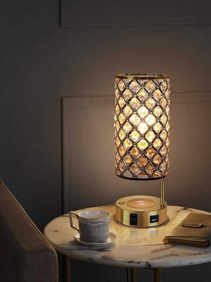Touch Control Crystal Table Lamp, 3 Way Dimmable Wireless Charging Table Lamp, USB Bedside Light with Crystal Shade, Modern Nightstand Lamps for Bedroom Living Room (Bulb Included) (Gold)