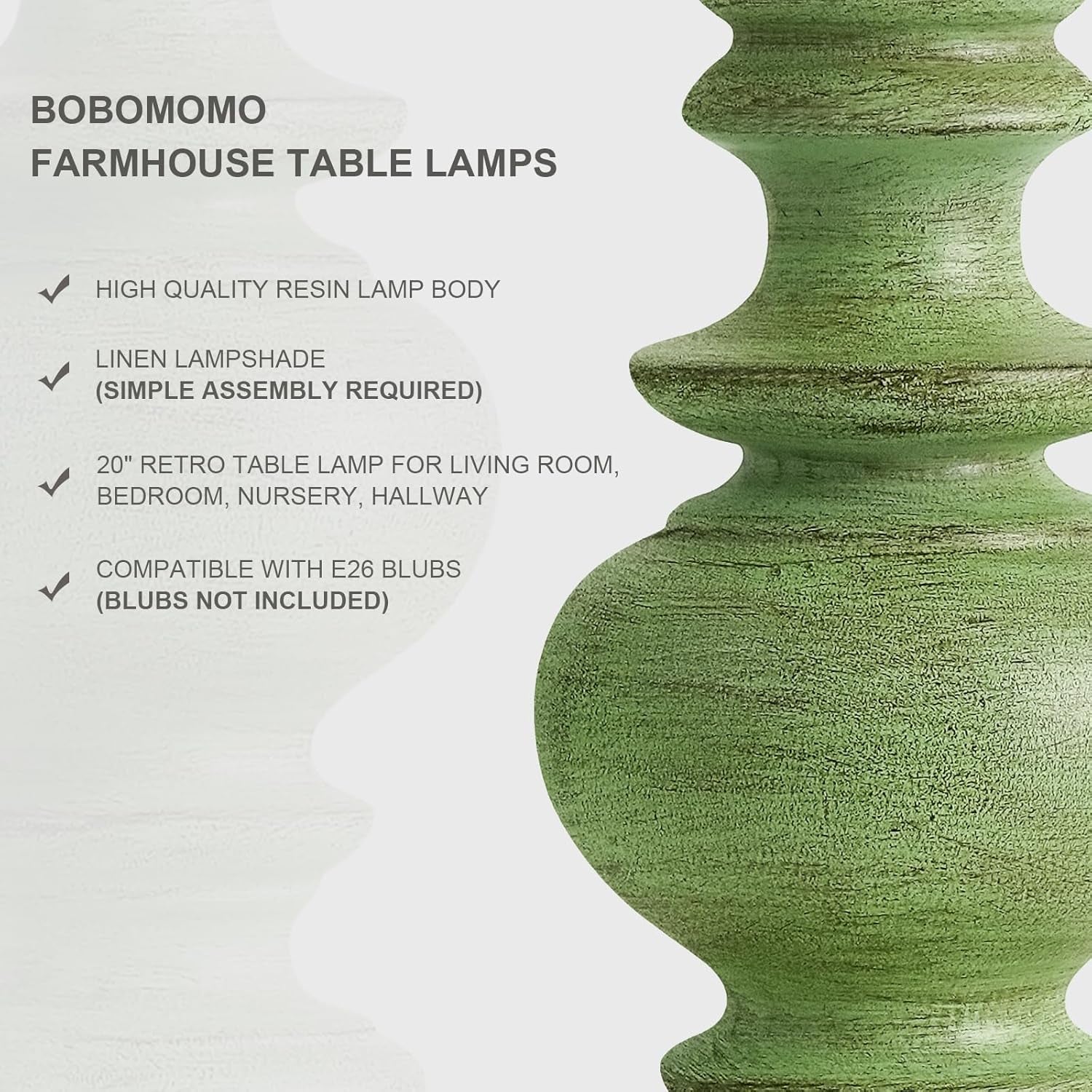 20" Sage Green Table Lamps Set of 2 – Farmhouse Resin Bedside Lamps with Linen Shades, Handcrafted Traditional Rustic Lamp for Bedroom, Living Room, or Corner – Ideal for Small Spaces