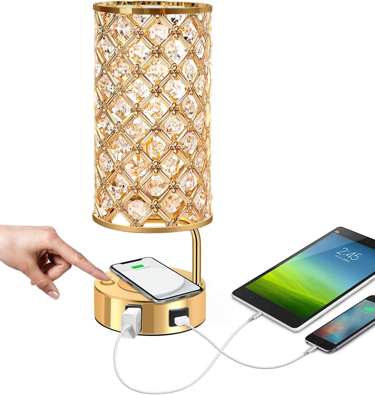 Touch Control Crystal Table Lamp, 3 Way Dimmable Wireless Charging Table Lamp, USB Bedside Light with Crystal Shade, Modern Nightstand Lamps for Bedroom Living Room (Bulb Included) (Gold)