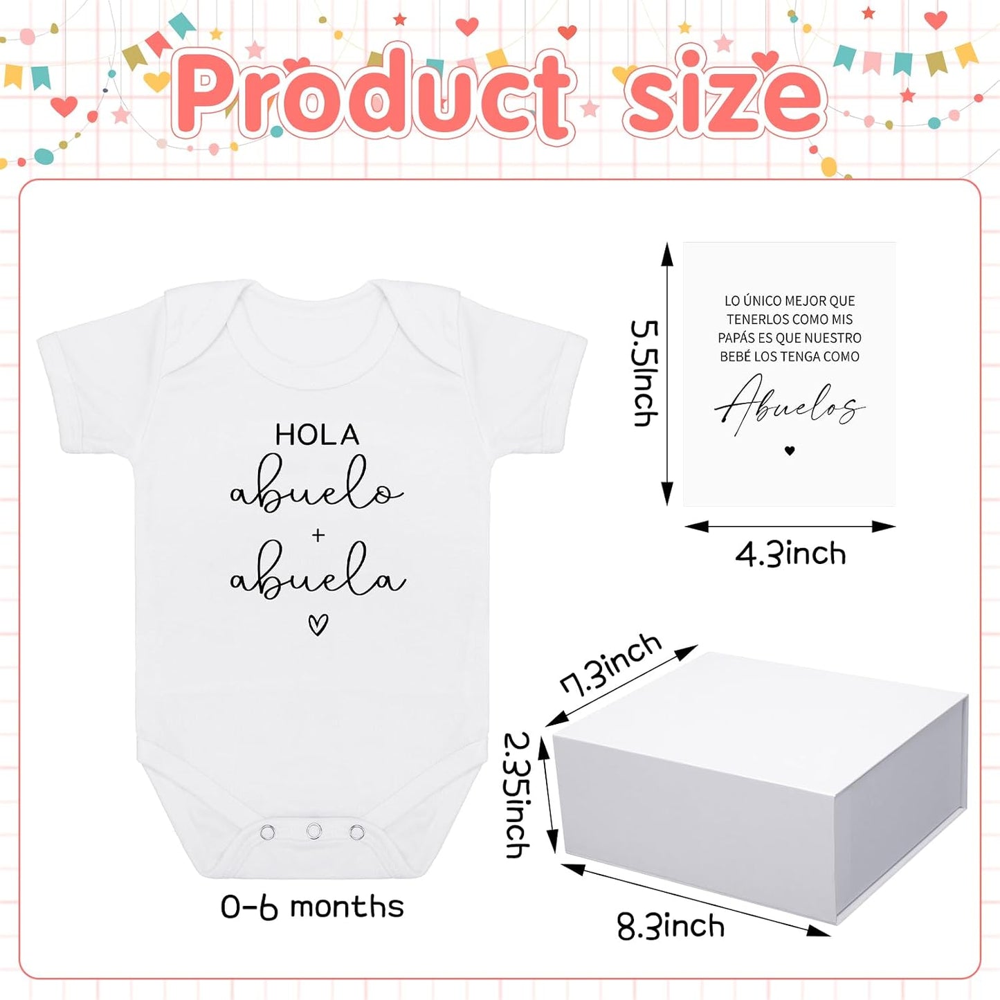 4 Pcs Pregnancy Announcement for Abuelos, Hola Abuelos Baby Bodysuit Pregnancy Reveal Card Baby Announcement Gift Box with Gifts Set