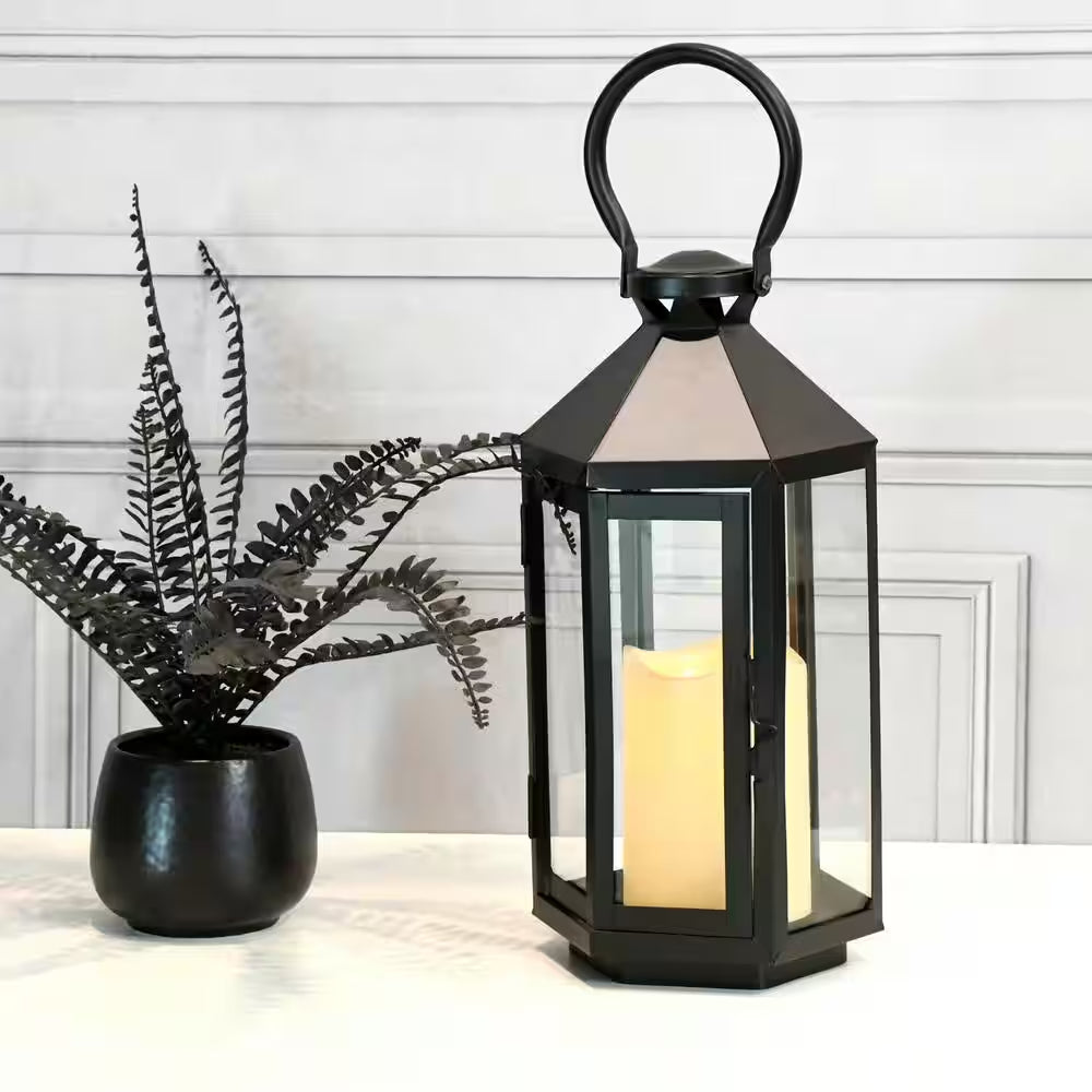 6 In. X 12 In. Hexagon Metal Lantern with LED Candle