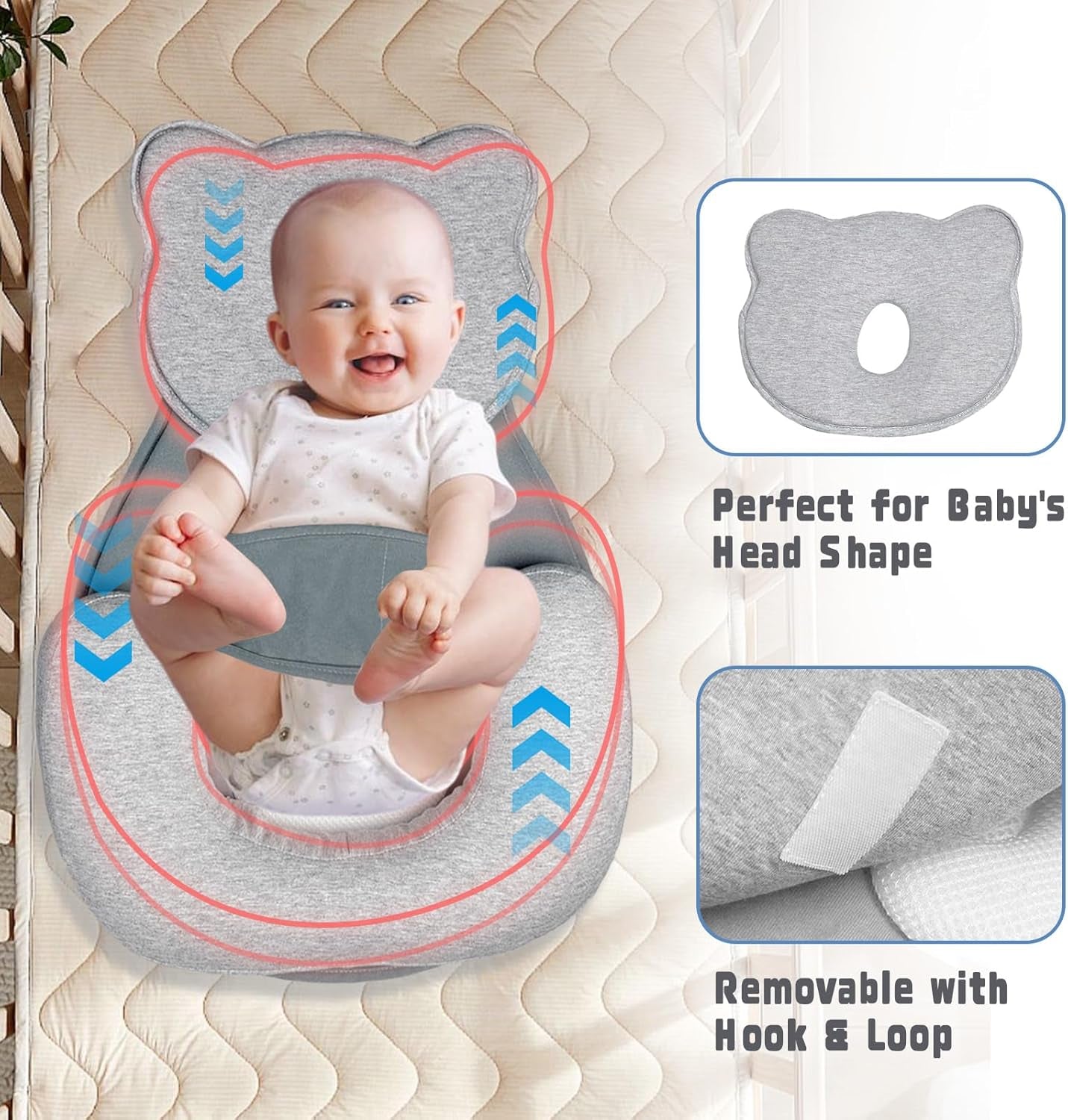 Reflux Pillow for Baby, Baby Lounger Pillow for Infant Support Cushion Reflux Breastfeeding Pillow, Babies Feeding Support Pillow for Reducing Spit-Up with Safety Strap