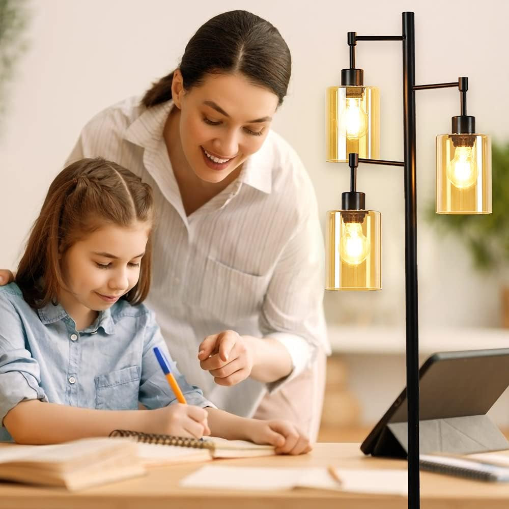 Industrial Tree Floor Lamp for Living Room, Rustic Standing LED Lamp with 3 Elegant Amber Glass Shade, Retro Pole Tall Floor Light for Home, Bedroom, Office, Reading (E26 Base Bulbs Included)