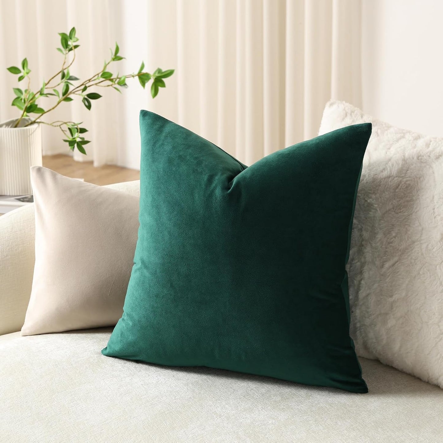 Euro Sham Covers 26X26 Green: Pack of 2 Cozy Soft Velvet Square Modern Luxury Decorative Throw Pillow Cases for Sofa Couch Living Room Bed Home Decor Christmas