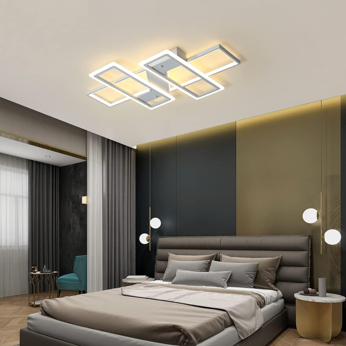 4-Square LED Flush Mount Ceiling Light, 80W Dimmable Remote, White | Modern Acrylic Flush Mount Light Fixture for Living Room, Bedroom, Dining Room & Kitchen. Remote Control Dimmable