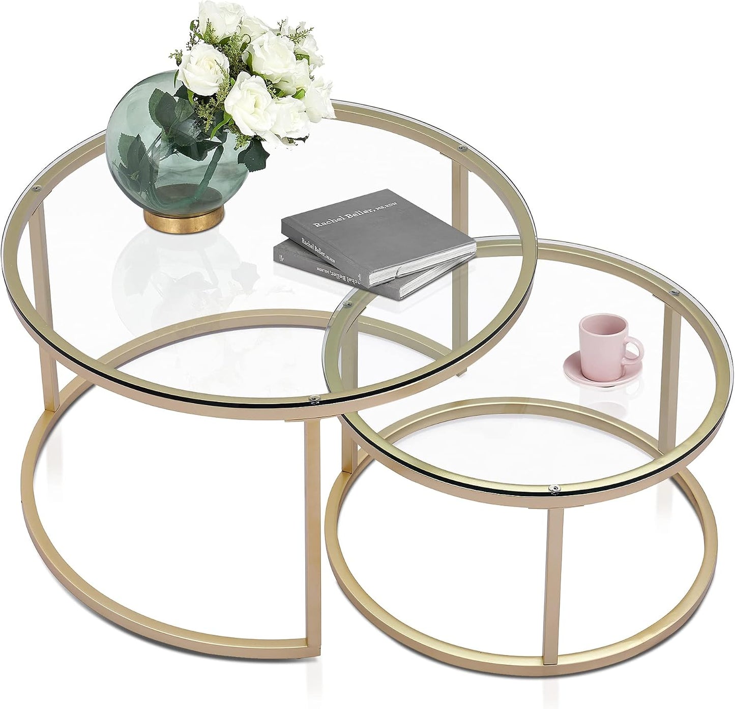 round Nesting Coffee Table Set, with 31.5 in Clear Tempered Glass Top and Gold Metal Legs, Accent Wooden Stacking Side Tea Table for Living Room Eagle