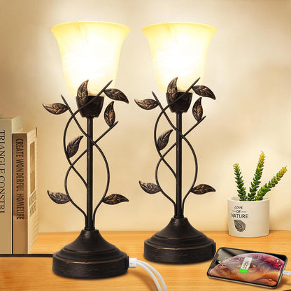 Bedside Lamps for Bedrooms Set of 2 Table Lamps for Living Room 3 Way Dimmable with Dual USB Charging Ports for Touch Control with White Glass Shade and Retro Leaf Body, Bulbs Included