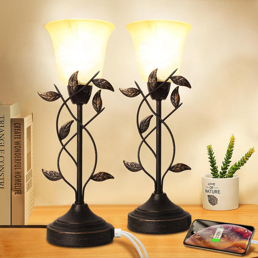 Bedside Lamps for Bedrooms Set of 2 Table Lamps for Living Room 3 Way Dimmable with Dual USB Charging Ports for Touch Control with White Glass Shade and Retro Leaf Body, Bulbs Included